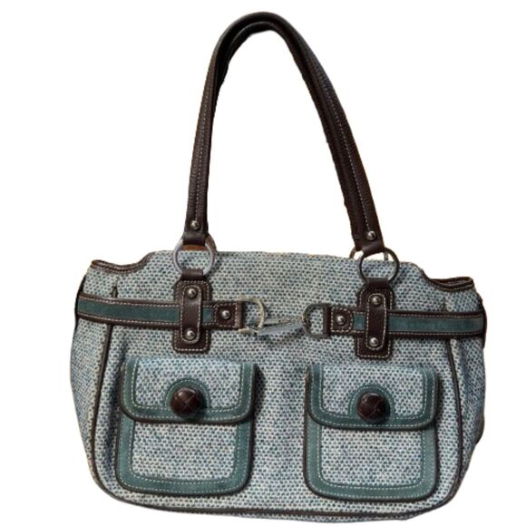 RAFE New York Blue & Brown Leather Tweed Satchel Bag - Picture 1 of 10